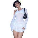 Fongt Spring And Summer New Sexy Fashion Wrinkle Hood Perspective Diagonal Collar Seaside Beach