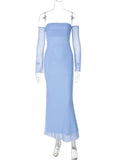 Blue Off-shoulder Solid Maxi Dress-Outfit