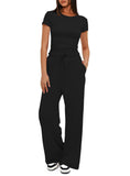 Fongt Suit Folding 2025 New Solid Short-Sleeved Top High-Rise Broad Leg Pants Sportswear