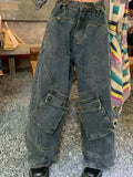 Washed Irregular Pocket Splice Cargo Jeans-Outfit