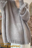 Korean Fashion Knitted Sweater Women Harajuku Oversized Loose V-neck Pullover Lazy Wind Casual Long Sleeve Jumper