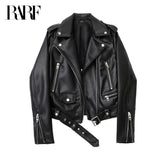 Fongt and Autumn 2023 New faux leather PU jacket with belt women's lapel motorcycle jacket black zip biker jacket 1127-0-Outfit