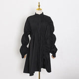 Drawstring Elegant Dress For Women Stand Collar Puff Sleeve Casual Loose Dresses Female Fashion New Spring