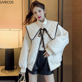 Sweet Warm Cotton Coats Women Cute Turndown Collar Loose Casual Padded Jacket Solid Color Single Breasted Office Clothes-Outfit