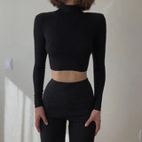 Stretch Rib Solid Color Long-Sleeved T-Shirt-Outfit