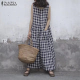 2021 Summer Wide Leg Rompers Women Vintage Plaid Checked Sleeveless Loose Jumpsuits Pants Casual Baggy