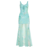 Fongt Chinese Chinese Light Green Shoulder Butterfly Print Fishtail Sling Skirt Sexy Hip Through Mesh Dress