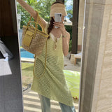 Fongt Spring And Summer Temperament Pure Color In The Long Knit Skirt Early Spring Small Design Sense Hollow Out Fold Wear Vest Dress Female-Outfit