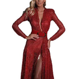 Fongt 2025 New Sexy Dress Opened Fork-Colored Sequin Long Drag Evening