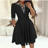 Fongt Autumn / Winter Temperament Elegant Closed Waist Hot Diamond In The Long Sleeve Solid Color Big Swing V-Neck Dress With A