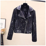 and winter new 2020 slim and versatile sequins stitching washed PU leather women's short Motorcycle