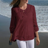 Summer Lace Crochet Blouse Women Elegant 3/4 Sleeve Patchwork Shirt Casual Hollow Out Tops Solid Loose Work Blusas