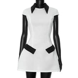 White Collar Contrast Short Sleeve Mini Dress-Outfit