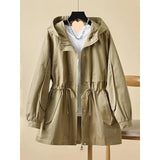 Hooded Casual Trench Coat 2024 Middle-Aged Mother Spring And Autumn New Women's Fashion Korean Version Draw Rope Collect Waist Overalls Coat-Outfit
