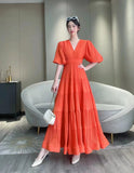 Fongt Seaside New Super Layer V-Neck Waist Temperament Famous 100 Fold Dress Short-Sleeved A-Word Dress Woman