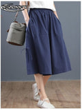 Pants Elastic Waist Large Drawstring Pocket Women's Summer Breeches Middle Waist Casual Solid Color Wide Leg Cropped