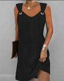 Fongt Spring And Summer Temperament Commuting Simple Pure Color Metal Button V-Neck Sleeveless Dress-Outfit
