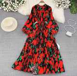 Quality Light Extravagant Lantern Long Sleeved Round Collar Waist Slim Single Breasted Printed Dress Elegant Long Skirt-Outfit
