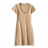 New Large U-Necked Dress Summer Solid Color Leisure Basic Medium-Long Short-Sleeved T-Shirt Skirt-Outfit