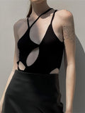 Dark Punk Black Women Ribbed Bodysuits Y2k Summer Sexy Hollow Out Camis Bodysuit Gothic Irregular Fashion Halter