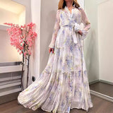 Fongt Women's Chiffon Print Dress Open Shirt Swing Belt Fashion Broken Flower Long 8072