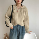 Vintage Zip Up Knitted Hooded Cardigan-Outfit