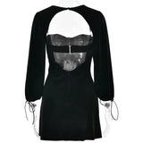Velvet Square Neck Puff Long Sleeve Mini Dress-Outfit