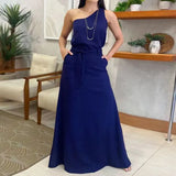 Fongt 2023 New Fashion Solid Color Diagonal Collar Sleeveless Casual High-Waisted Skirt Suit-Outfit