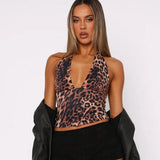 Fongt Women's New Leopard Print Hanging Neck Sleeveless Back V-Neck Short Small Vest Sling-Outfit