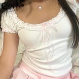 Sweet White T-shirt Fairycore Puff Sleeve Square Collar Crop Top Women Summer Casual Cute Lace Patchwork Shirts y2k Retro-Outfit
