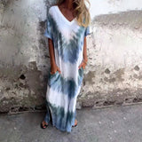 Fongt Summer New Women's Casual Loose Short-Sleeved V-Neck Open Fork Dyed Long Dress