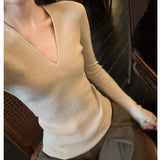 Fongt Tea Color V-Neck Knitted Shirt Slimy Temperament Fashion Thin Inside The Bottom Shirt Tight Cashmere Sweater Woman