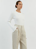 Strip Solid Knitted Sweater Autumn Woman Round Neck Long Flare Sleeve Pullover Casual Simple Basic Jumper Female Sweaters-Outfit