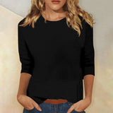 Fongt Women's Top With A Round Collar Seven-Sleeve Solid Color T-Shirt-Outfit