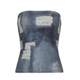Fongt Retro Imitation Denim Print Shoulder-Repair Waist-Wrapped Waist-To-Bottom Blouse