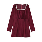 Fongt Women's Autumn And Winter New Diamond-Sleeved French Waist-Sleeved Velvet Mini Dress