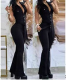 Fongt Women's Wear Elegant V-Neck Button Pocket High Waist Strap Solid Color Slim