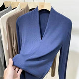 Fongt Temperament Goddess 2024 Autumn New Good Version V Collar Short Sleeve Female Slim Slim Elastic Cotton Black T-Shirt-Outfit