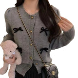 Gentle Sweet Bow Knitted Cardigan 2024 Early Spring New Niche Designer Round Neck Blouse Woman-Outfit