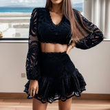 Women's Shorts Set Long Sleeve Top Suit Shorts Two Piece Set Basic Top & Shorts Set Hollow Lace Fashion Embroidery Set-Outfit