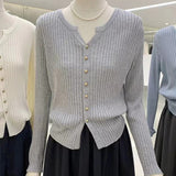 Gentle Style Sweater Spring And Autumn New Solid Color Gold Button V Neckline Sweater Cardigan Short Outer Coat-Outfit