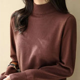 Loose Solid Color Screw Thread Sweaters Commute All-match Half High Collar Autumn Winter Thick Long Sleeve Knitted Jumpers-Outfit