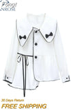 Blouse For Women Long Sleeve Button Up Bow White Shirt Korean Casual Loose Chic Peter Pan Collar Office Ladies Shirts