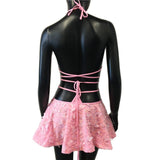 Women Skirt 3 Piece Set Butterfly Sequin Ruffles Pleated Skirt Halter Bandage Backless Crop Top Cosplay Rave Party