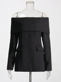 Fongt Retro Wind Autumn 2024 New One-Word Collar Long Sleeve Closed Waist Solid Color Medium Long Buckle Small Suit Jacket Female-Outfit