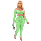 Up Drawstring Two Piece Set Women Off Shoulder Crop Top Ruched Stacked Pants Elegant 2 Piece Set Club Outfits Matching Sets-Outfit
