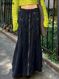 Dark Y2k Retro Grunge Strap Patchwork Zip Up Midi Skirts Gothic E-girl Black High Waist Women Long Skirt Fashion