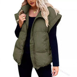 2024 New Women's Solid Color Zip Pocket Cotton-Padded Jacket Vest Fashion Standing Collar Temperament Commuter Coat-Outfit