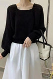 New Style Square Collar Bubble Lantern Sleeve Blouse Short Style Loose Knitted Sweater Woman-Outfit