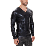 Fongt Men's Soft Lacquer Leather T-Shirt V Neck Long Sleeve Bright Leather Coat No Odor Size Accurate-Outfit